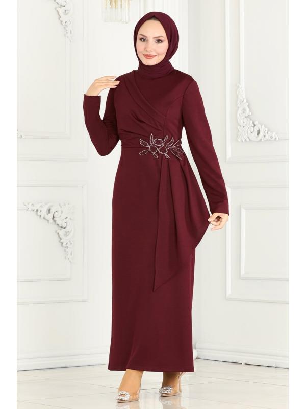 Drapeli Kalem Elbise ASM2580 Bordo