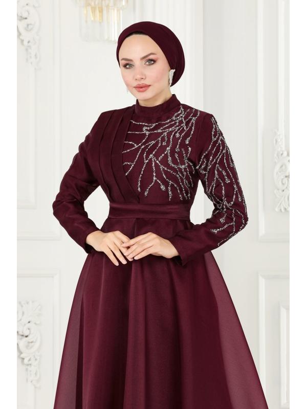 Taşlı Organze Abiye 5743AB368 Bordo