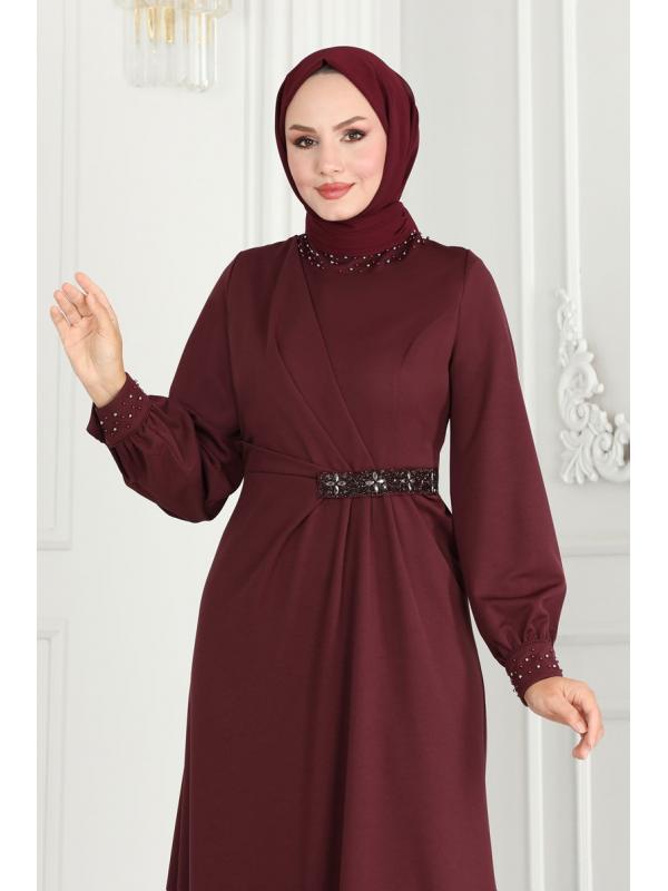 Drape Taş Detaylı Abiye 2527SL432 Bordo