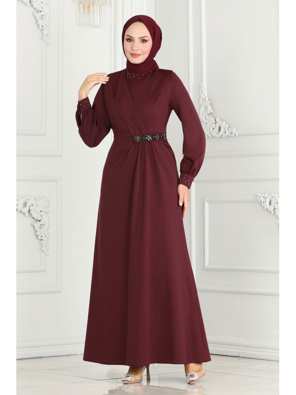 Drape Taş Detaylı Abiye 2527SL432 Bordo