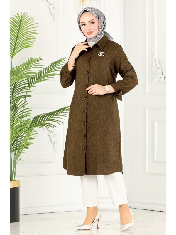 Düğmeli Basic Tunik 3012KTR750 Kahve