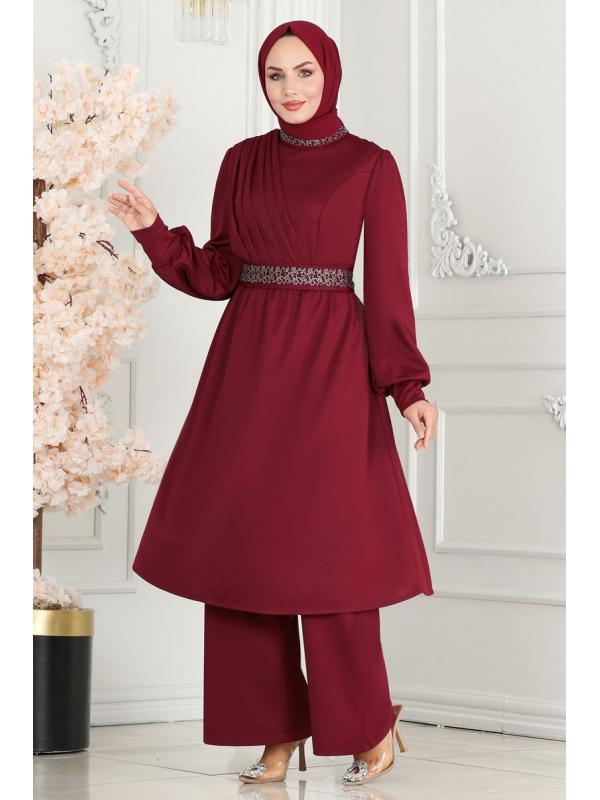 Drape Taş Detaylı Tesettür  Takım 279DVL817 Bordo