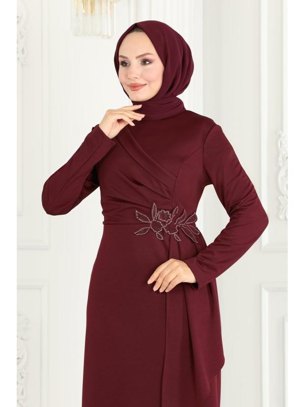 Drapeli Kalem Elbise ASM2580 Bordo