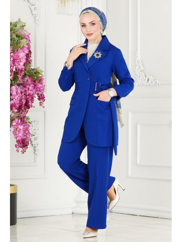 Kemerli Blazer Ceketli Takım 9037MDH809 Saks