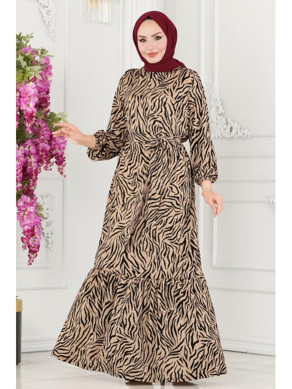 Desenli Kemerli Helen Elbise 216DVL817 Zebra Desen