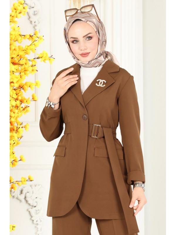 Kemerli Blazer Ceketli Takım 9037MDH809 Kahve