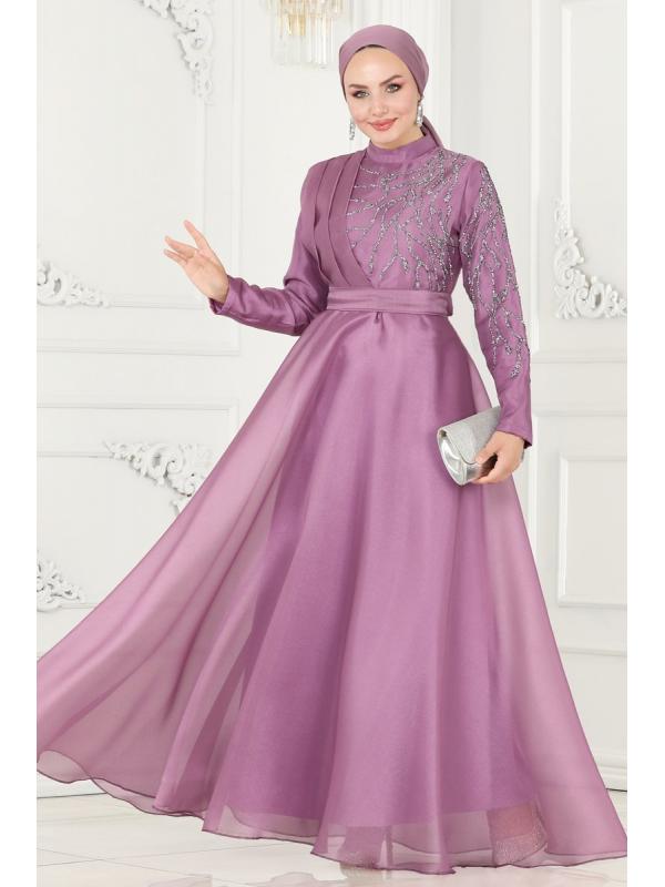 Taşlı Organze Abiye 5743AB368 Lila