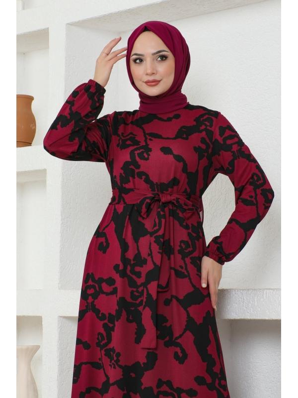 Desenli Kemerli Helen Elbise 216DVL817 Bordo