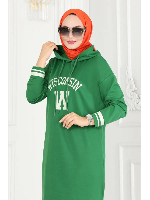 Yazı Baskılı Kapşonlu Tunik 5065UZ662 Benetton Yeşili&Ekru