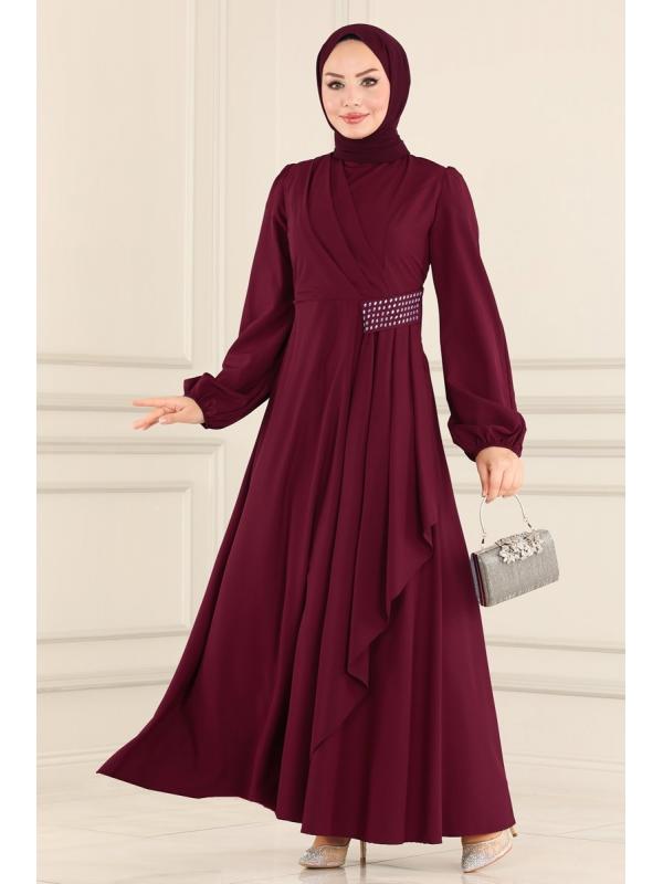 Beli Drapeli Tesettür Elbise ASM2597 Bordo