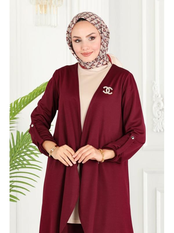 Salaş Üçlü Tesettür Takım 258DVL817 Bordo&Taş