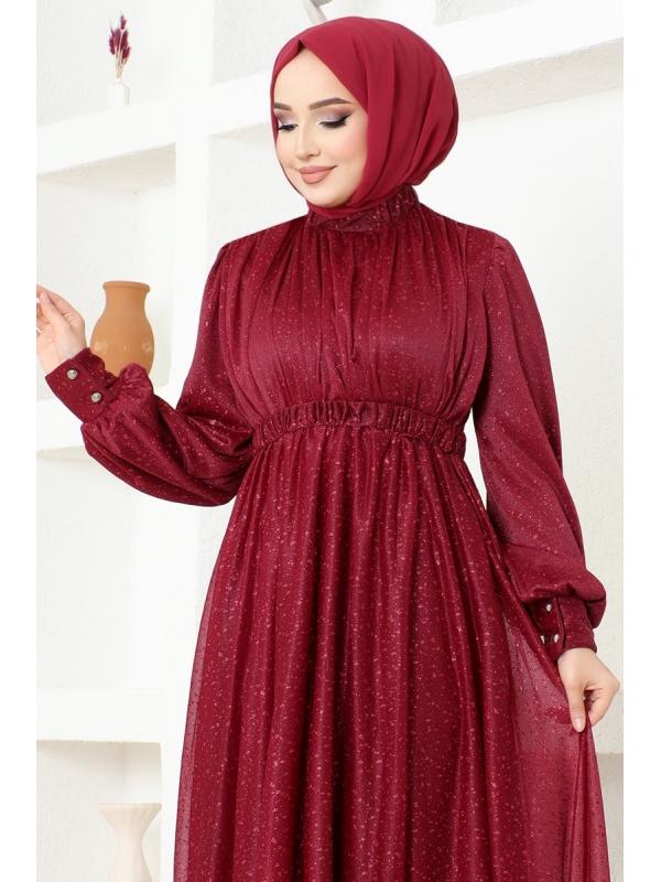 Simli Tül Abiye ASM2689 Bordo