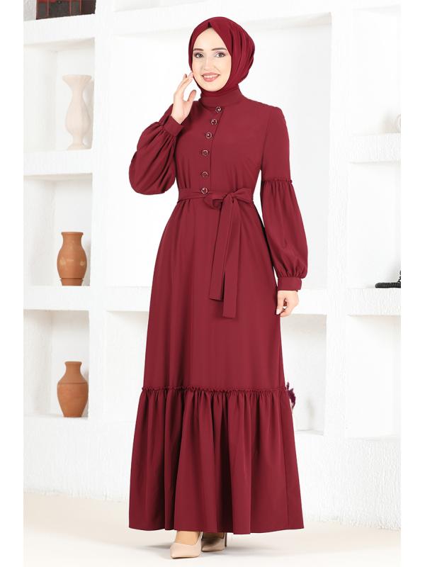 Kuşaklı Elbise ASM2665 Bordo