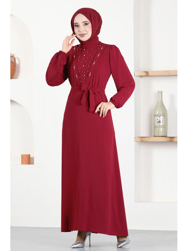 Taşlı Elbise ASN118 Bordo