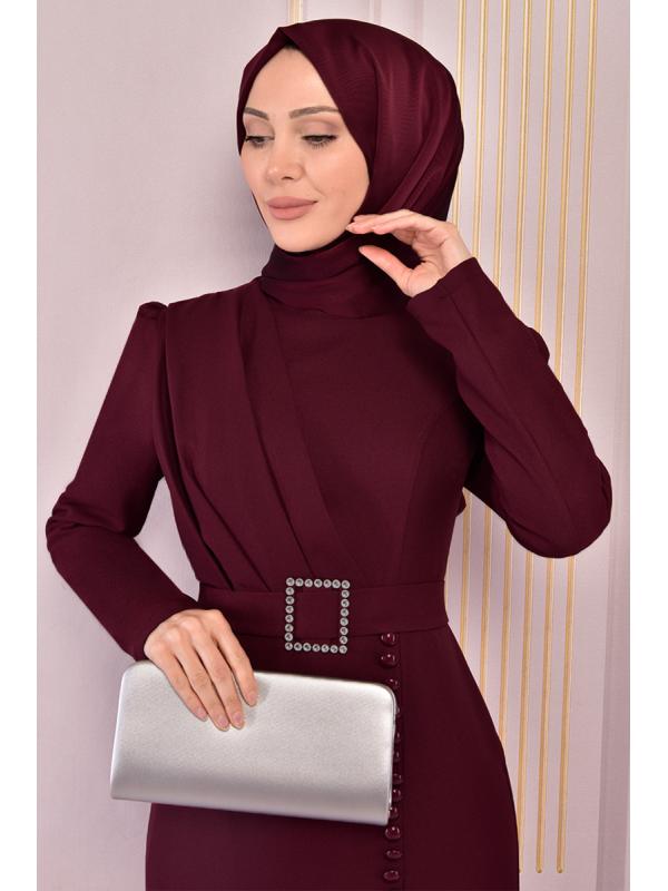 Kuşaklı Elbise Bordo ASM2558