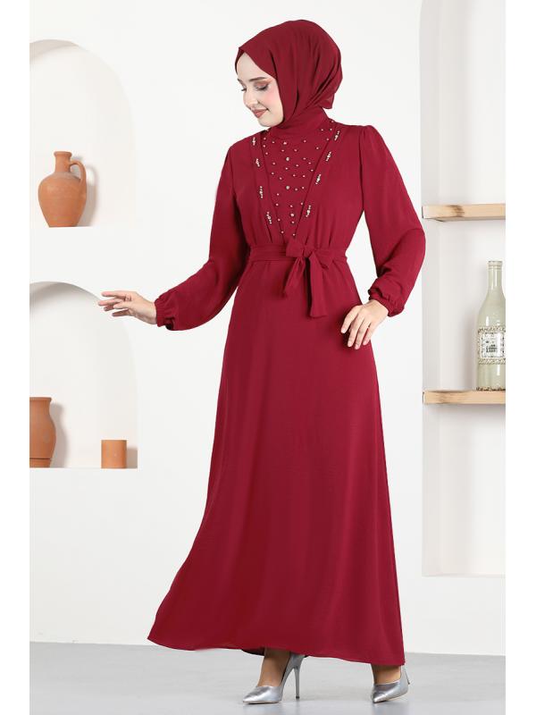 Taşlı Elbise ASN118 Bordo