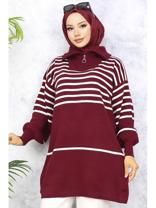 11047-22 Çizgili Triko Tunik Bordo