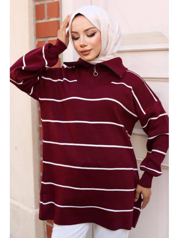 11037-30 Yakası Fermuarlı Çizgili Triko Tunik Bordo