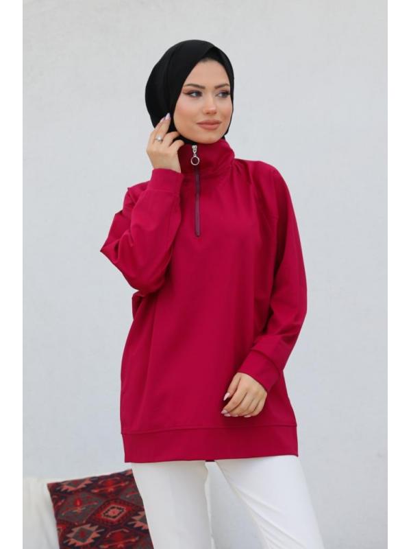 10029 Raglan Kol İçi Şardonlu Tesetür Sweatshirt Bordo