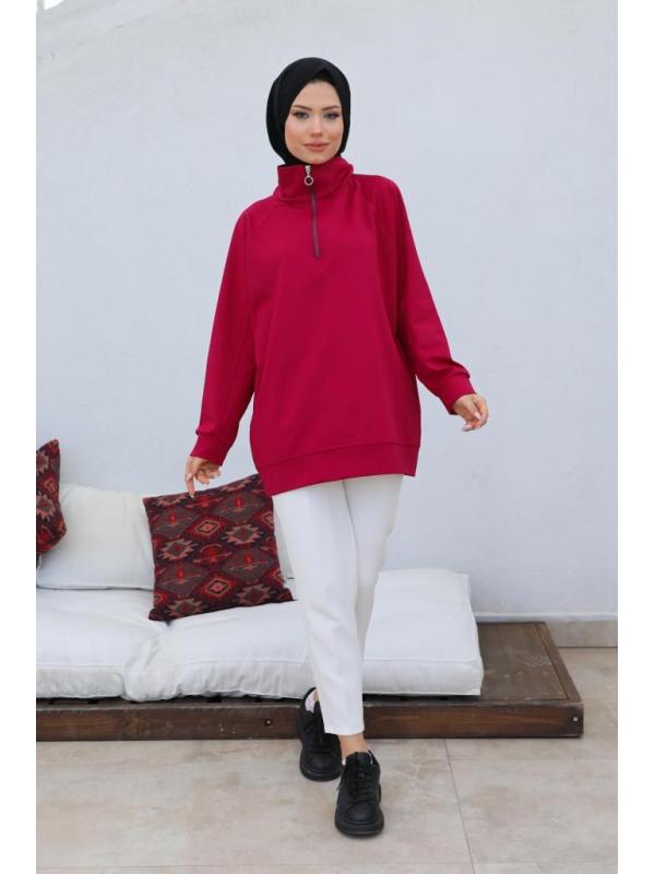 10029 Raglan Kol İçi Şardonlu Tesetür Sweatshirt Bordo