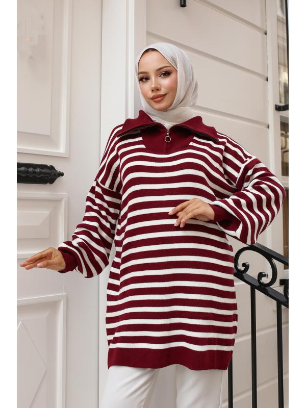 11020-03 Yakası Fermuarlı Çizgili Triko Tunik Bordo