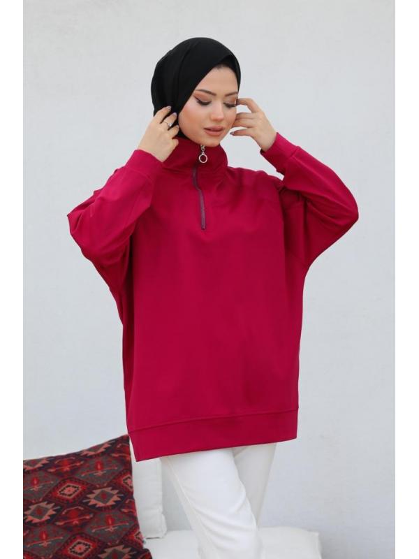 10029 Raglan Kol İçi Şardonlu Tesetür Sweatshirt Bordo