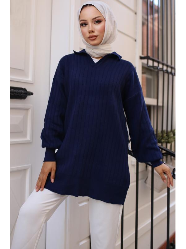 11039-63 Fitilli Triko Tunik Lacivert