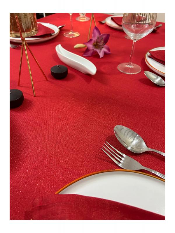 Polyester Keten Simli Masa Örtüsü Kırmızı + 12 Peçete