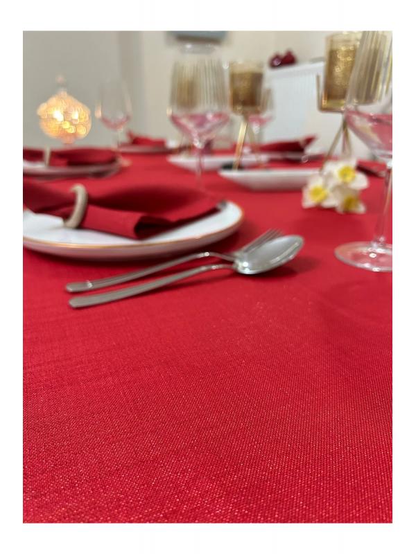 Polyester Keten Simli Masa Örtüsü Kırmızı + 12 Peçete