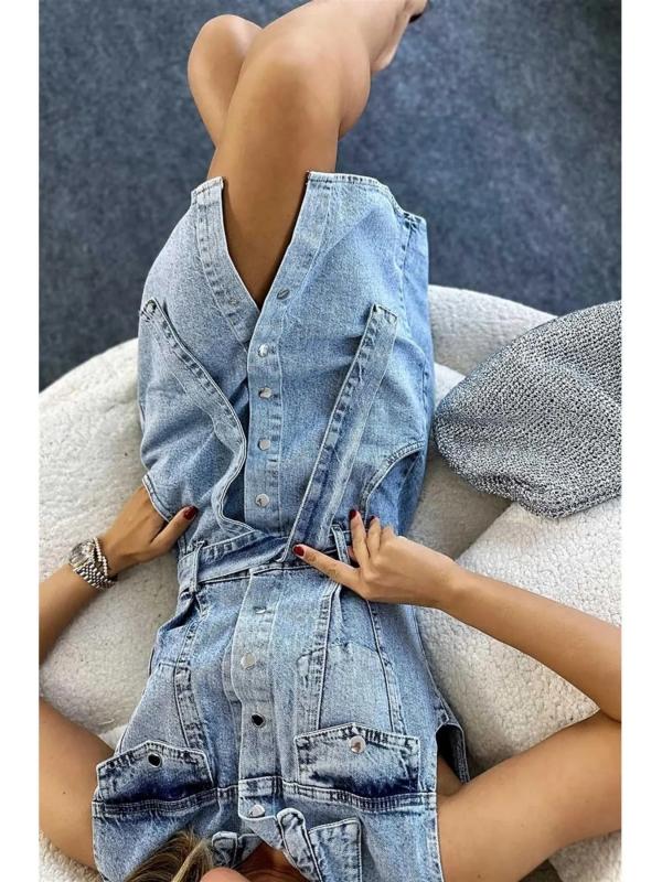 Beli Kuşaklı ve Full Düğmeli Tasarım Denim Elbise