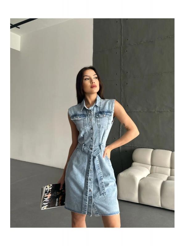 Beli Kuşaklı ve Full Düğmeli Tasarım Denim Elbise