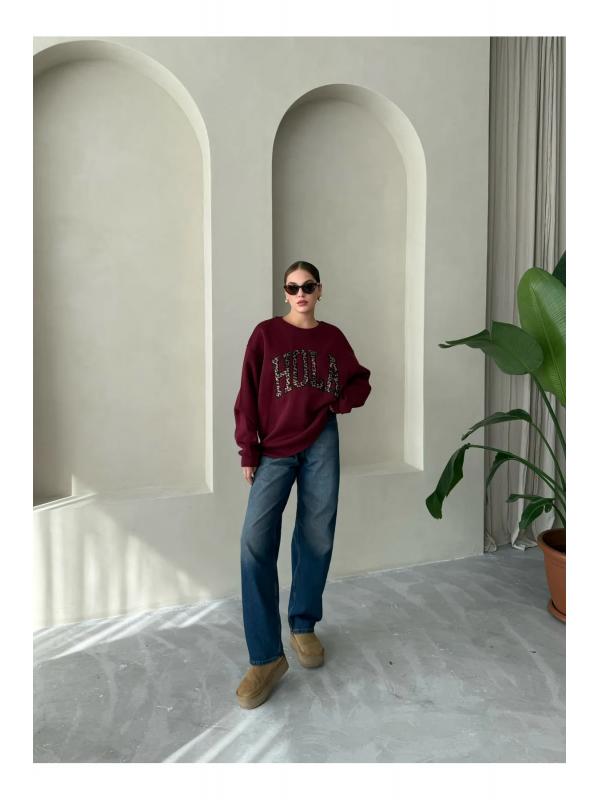 Bordo Hola Baskılı Sweatshirt