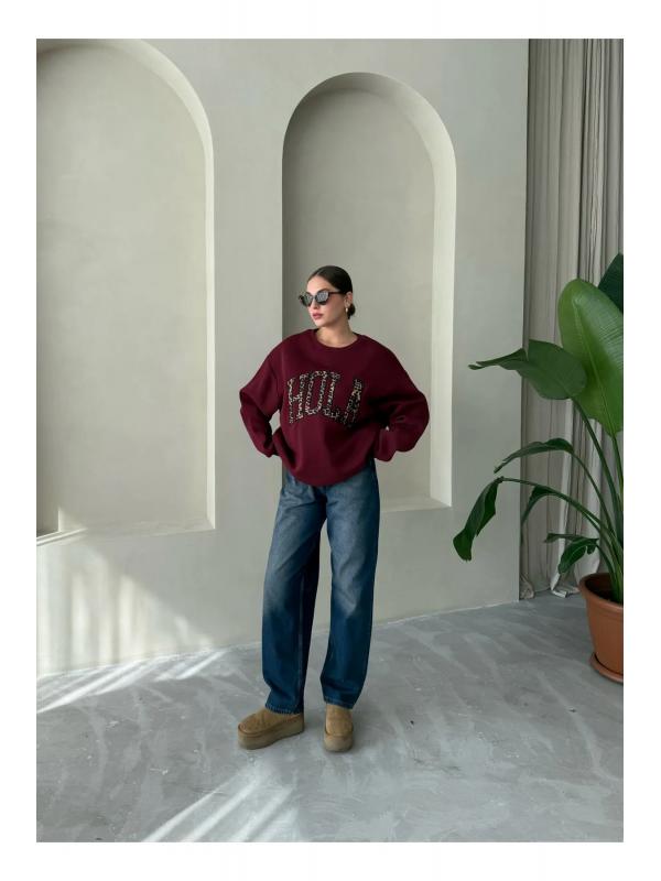 Bordo Hola Baskılı Sweatshirt