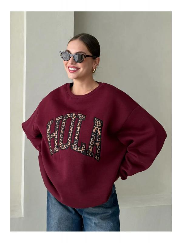 Bordo Hola Baskılı Sweatshirt