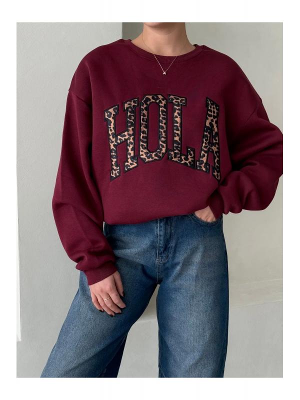 Bordo Hola Baskılı Sweatshirt