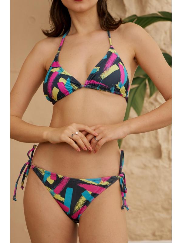 Üçgen Bikini Takımı Soft Desenler Siyah Fırça Desen