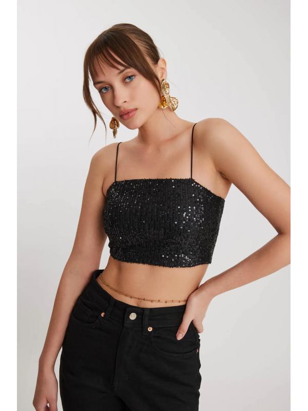 İp Askılı Pullu Crop Bluz