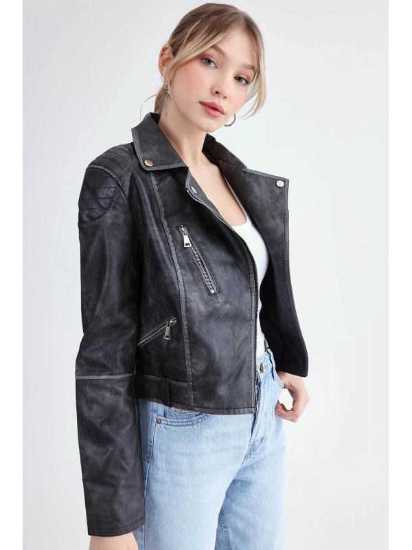 Fermuarlı Suni Deri Crop Biker Ceket