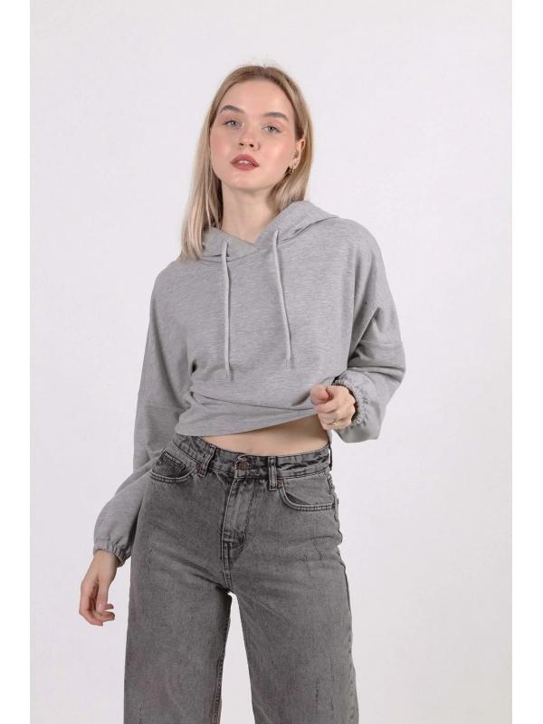 Yarasa Kol Kapşonlu Crop Sweatshirt