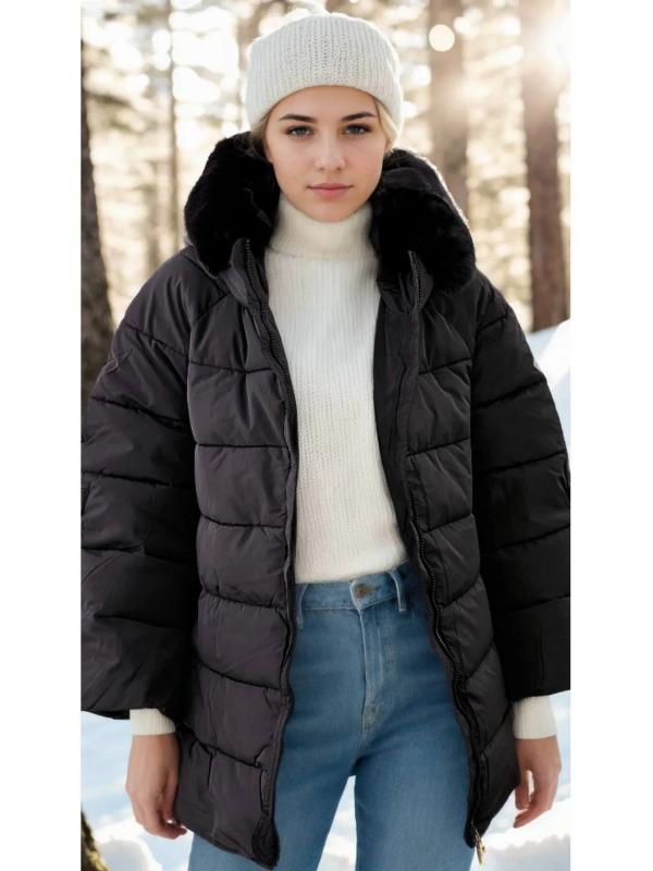 Peluş Kapüşonlu Oversize Kapitone Mont