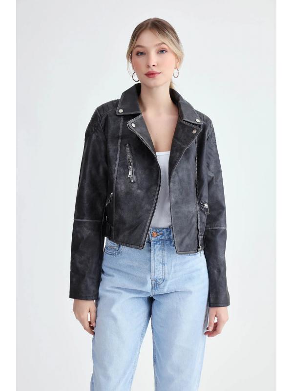 Fermuarlı Suni Deri Crop Biker Ceket