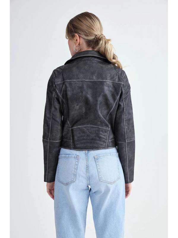 Fermuarlı Suni Deri Crop Biker Ceket