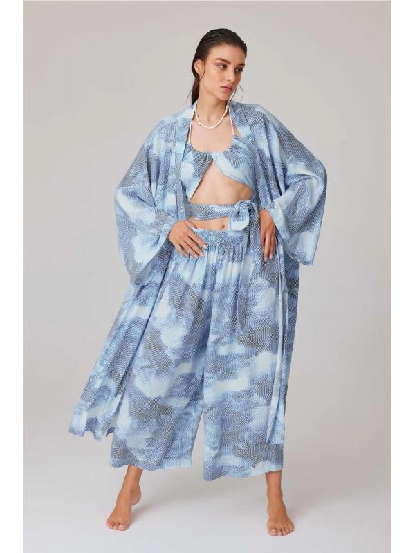 Bitkisel Ipek Mavi Desenli Kimono