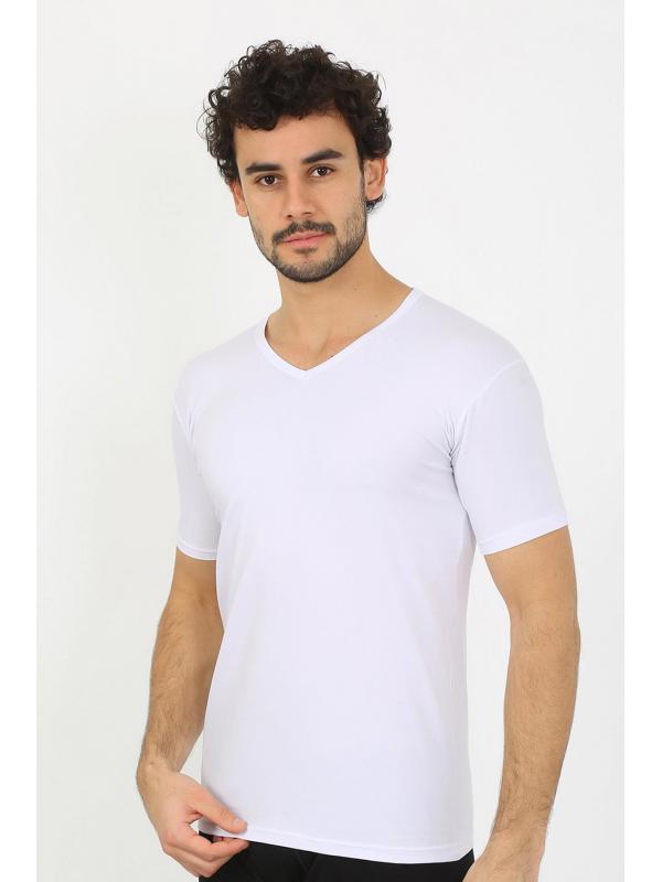 Akbeniz Erkek Likralı V Yaka Beyaz T-Shirt 65700