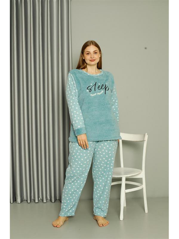 Akbeniz Welsoft Polar Kadın Büyük Beden Su Yeşili Pijama Takımı 808046