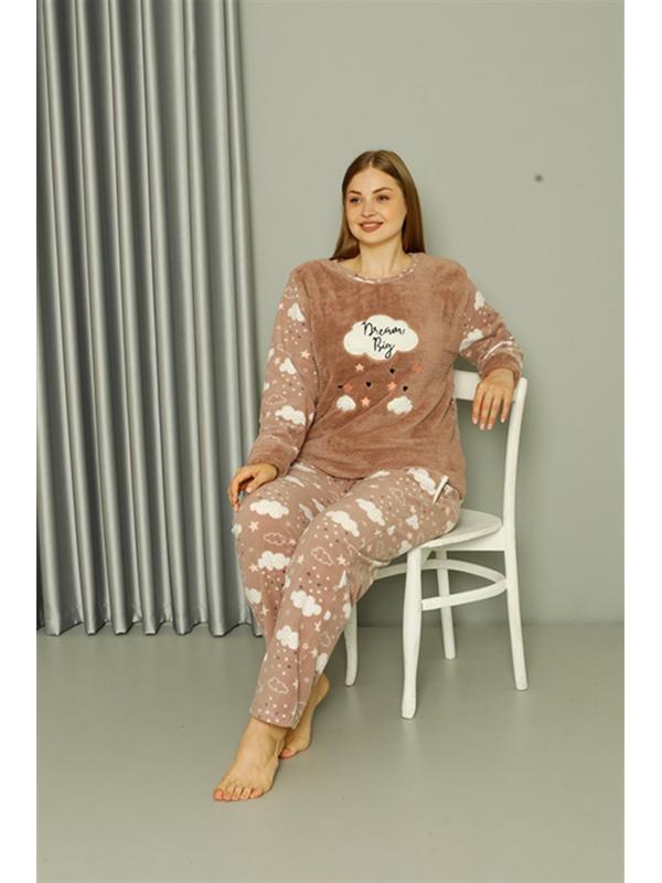 Akbeniz Welsoft Polar Kadın Büyük Beden Sütlü Kahve Pijama Takımı 808044