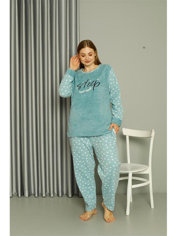 Akbeniz Welsoft Polar Kadın Büyük Beden Su Yeşili Pijama Takımı 808046