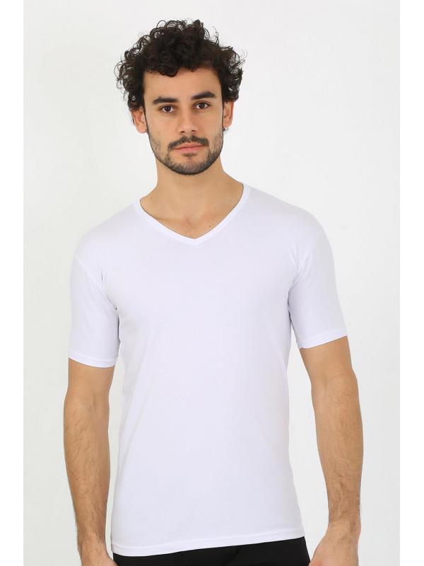 Akbeniz Erkek Likralı V Yaka Beyaz T-Shirt 65700