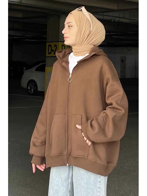 Ön Fermuarlı Düz Sweatshirt