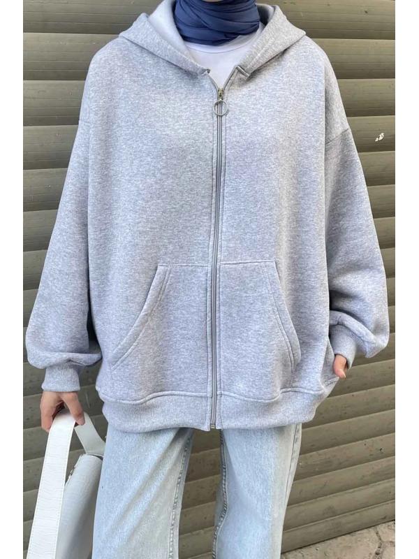 Ön Fermuarlı Düz Sweatshirt